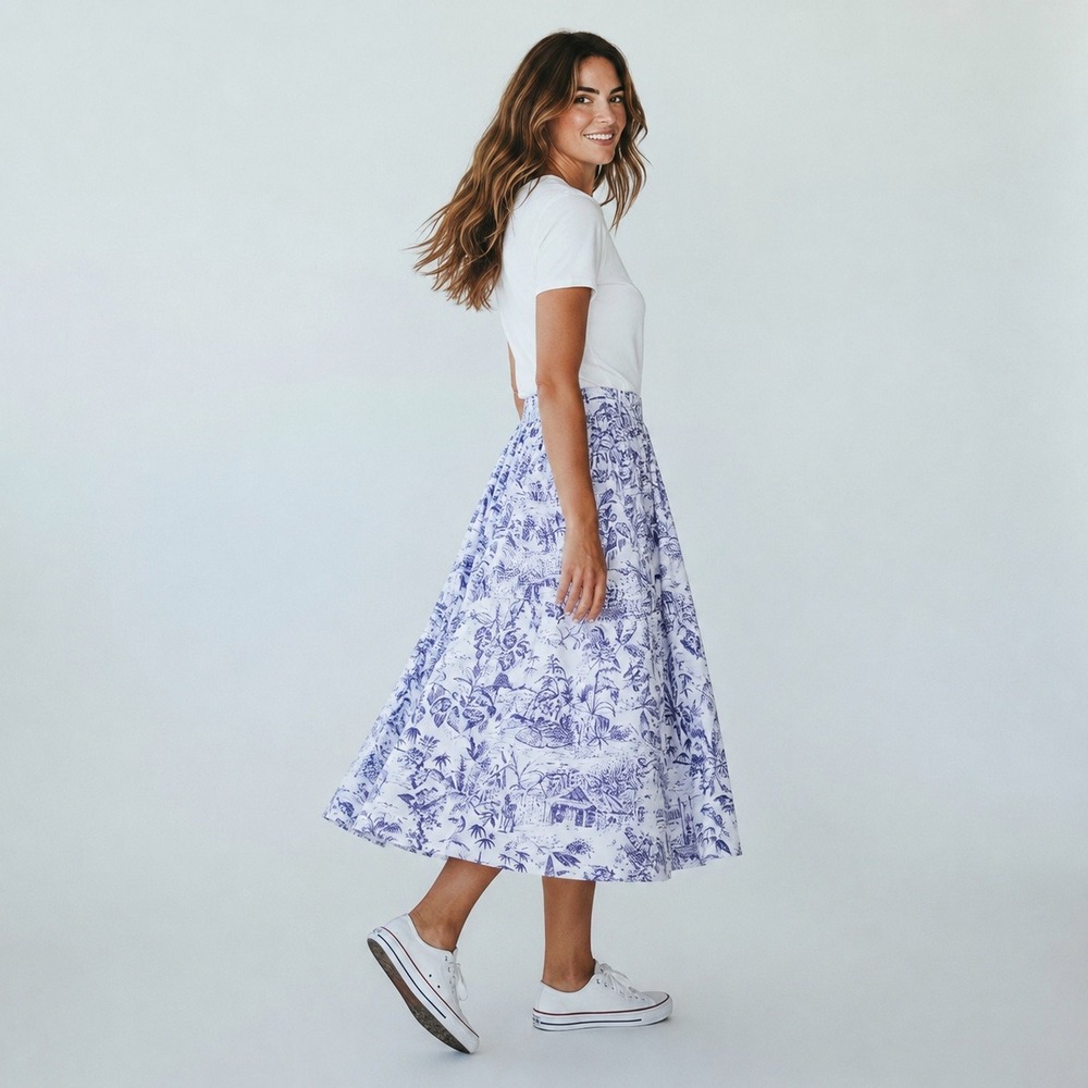 Joie Linen Midi Skirt Women M Blue White Tropical Toile Pockets Resort Beachy